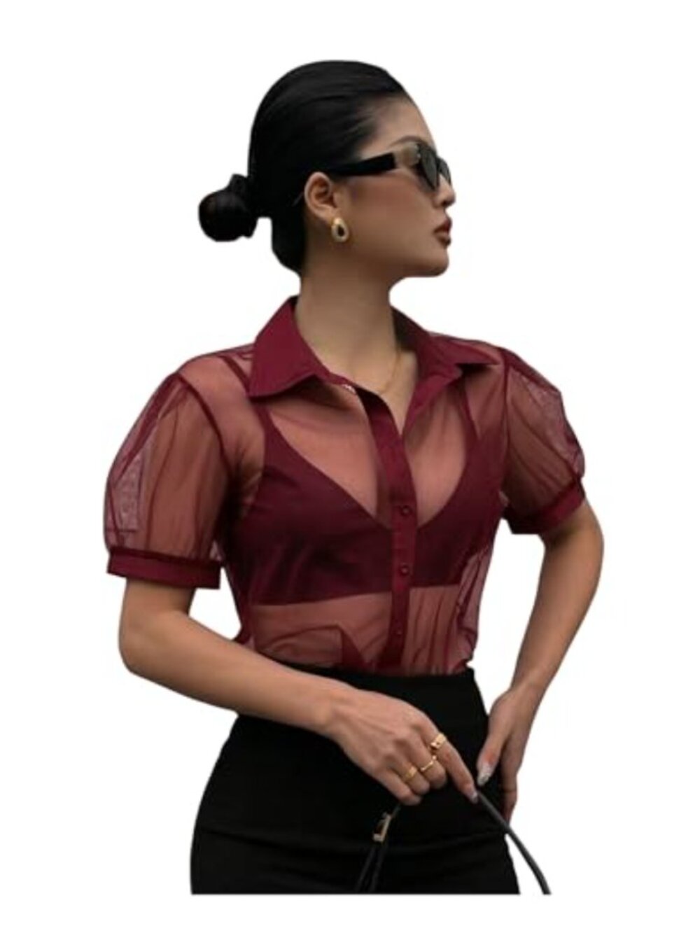 Sheer Mesh Plaid Button Down Cropped Blouse Puff Sleeve Collared